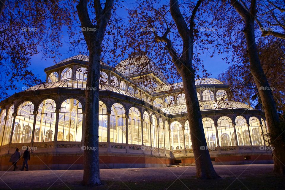 An illuminated Crystal Palace in Madrid 