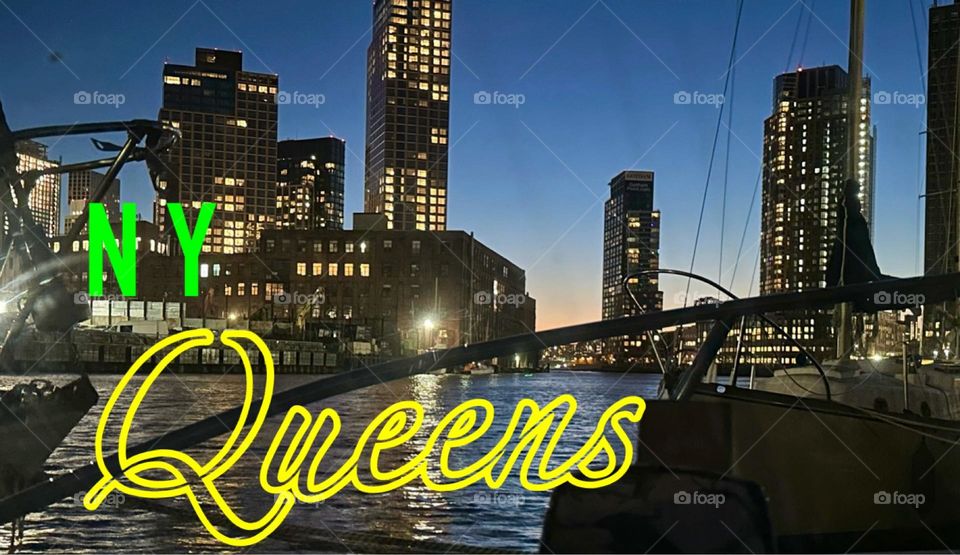 This photograph of „Newtown Creek“ in LIC, Queens was enhanced by adding „NY“ and „Queens“ in cursive writing to format it to become a submission for the „Ottomanelli by the Water“ artists‘ mural project  this spring. 2024. Hypnotic Productions