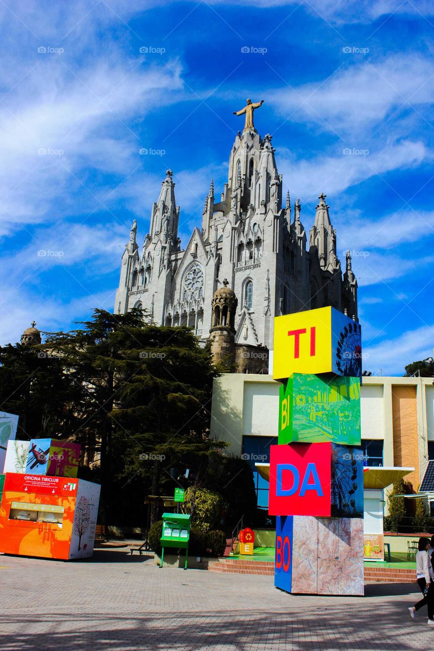 Cubes near Expiatory Church of the Sacred Heart of Jesus. Tabidabo. Barcelona, Spain.