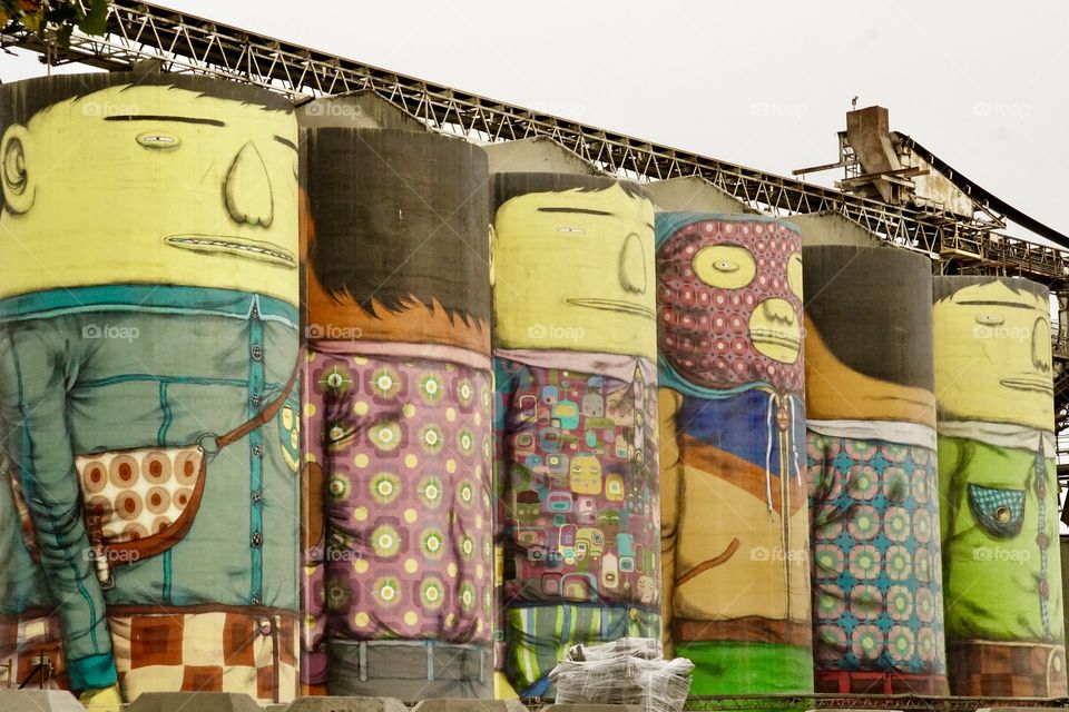 Granville Island Silos painted with human faces