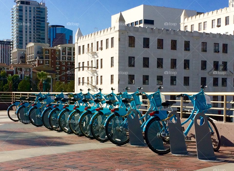 Bike rentals available in several areas in downtown Long Beach, CA