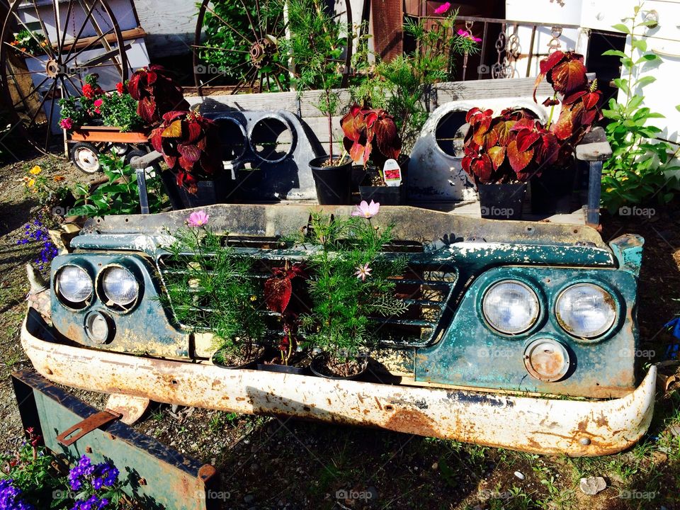 Chasis used for flowers. Taken outside an antique store in Palmer, AK 