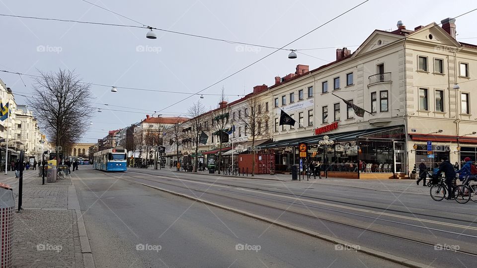 Tram on Avenyn, the Boulevard in the city of Gothenburg Sweden  - spårvagn på Avenyn Göteborg Sverige 