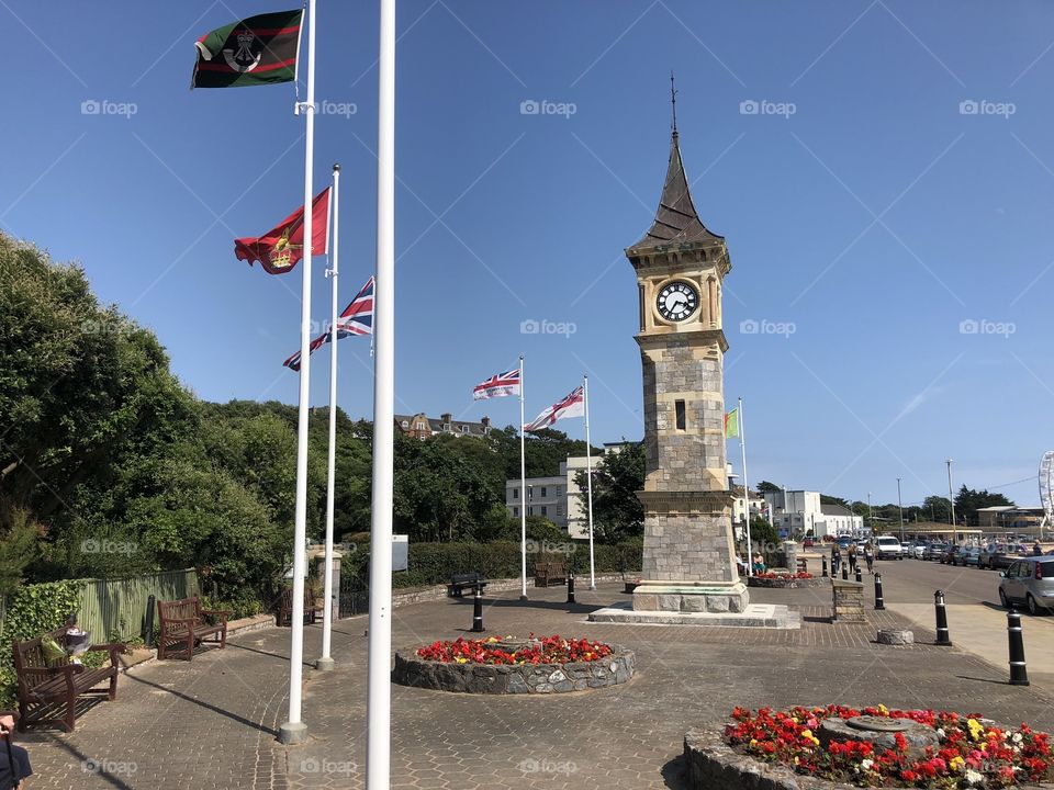 Great selection of flags which are an accompaniment to this lovely click tower, in Exmouth, Devon 