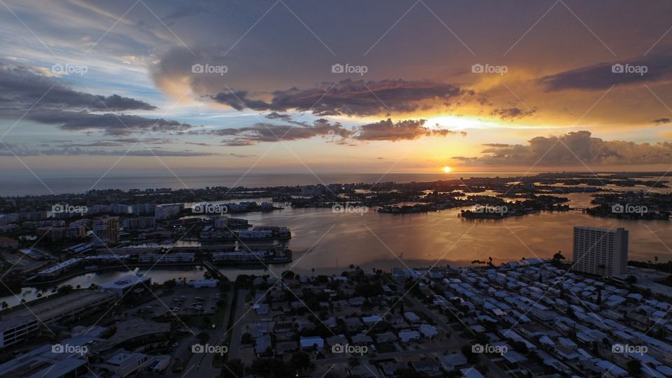 sunsets beach. drone flight