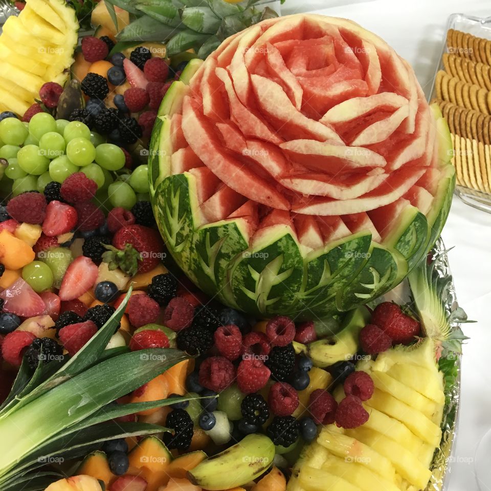 This is a fancy fruit layout seen at a wedding