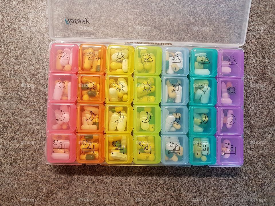 A weekly pill box with 4 sections on each day.