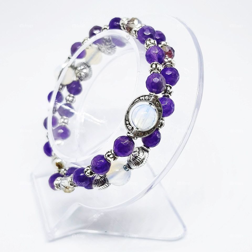 Silver Agate and opal gemstone Bracelet with faceted beads