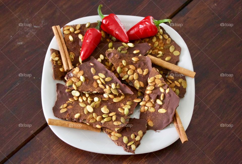 Chocolate  chili bark with cinnamon sticks