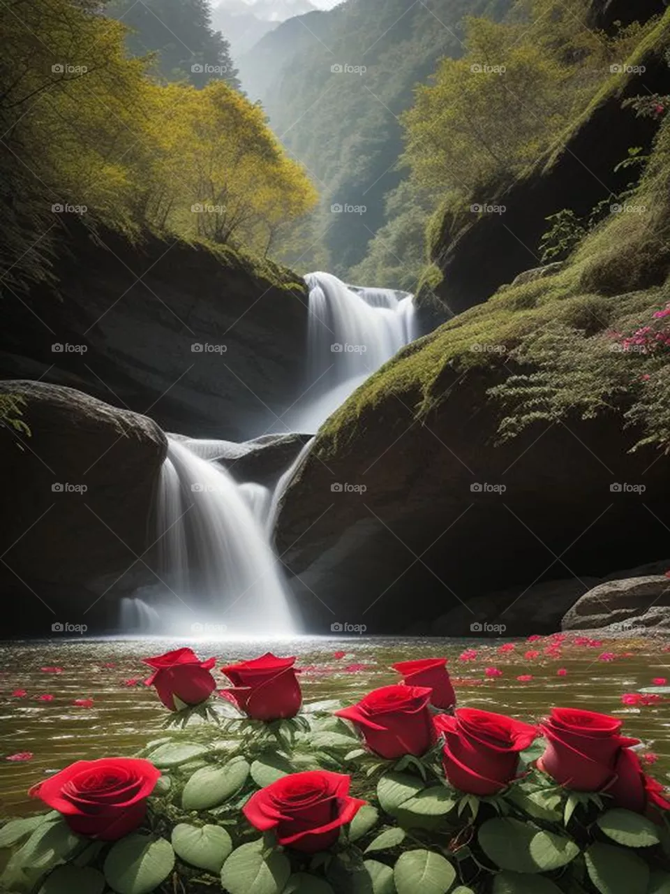 Beautiful view of roses with flowing water