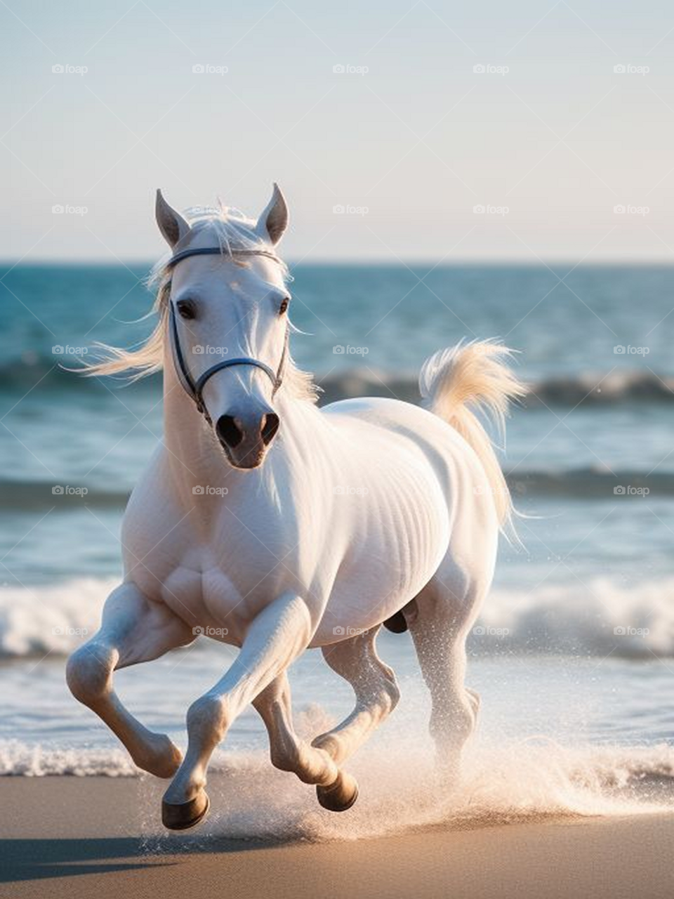 White horse running on the beach
