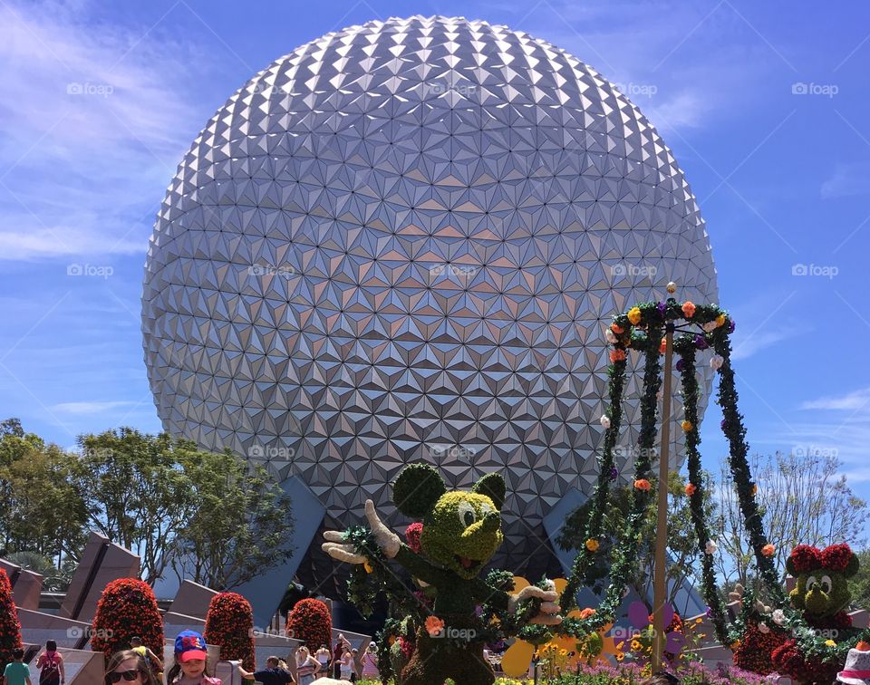 Epcot in Springtime. Topiary of Mickey Mouse. 