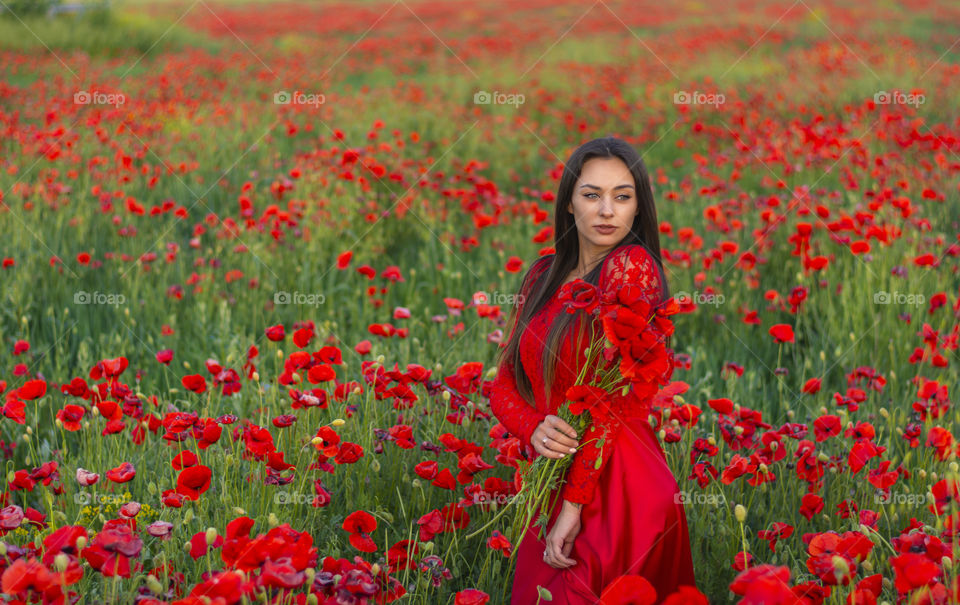 Happy brunette girl in a beautiful dress in a red field of poppies stands with a bouquet of poppies smiles and enjoys life