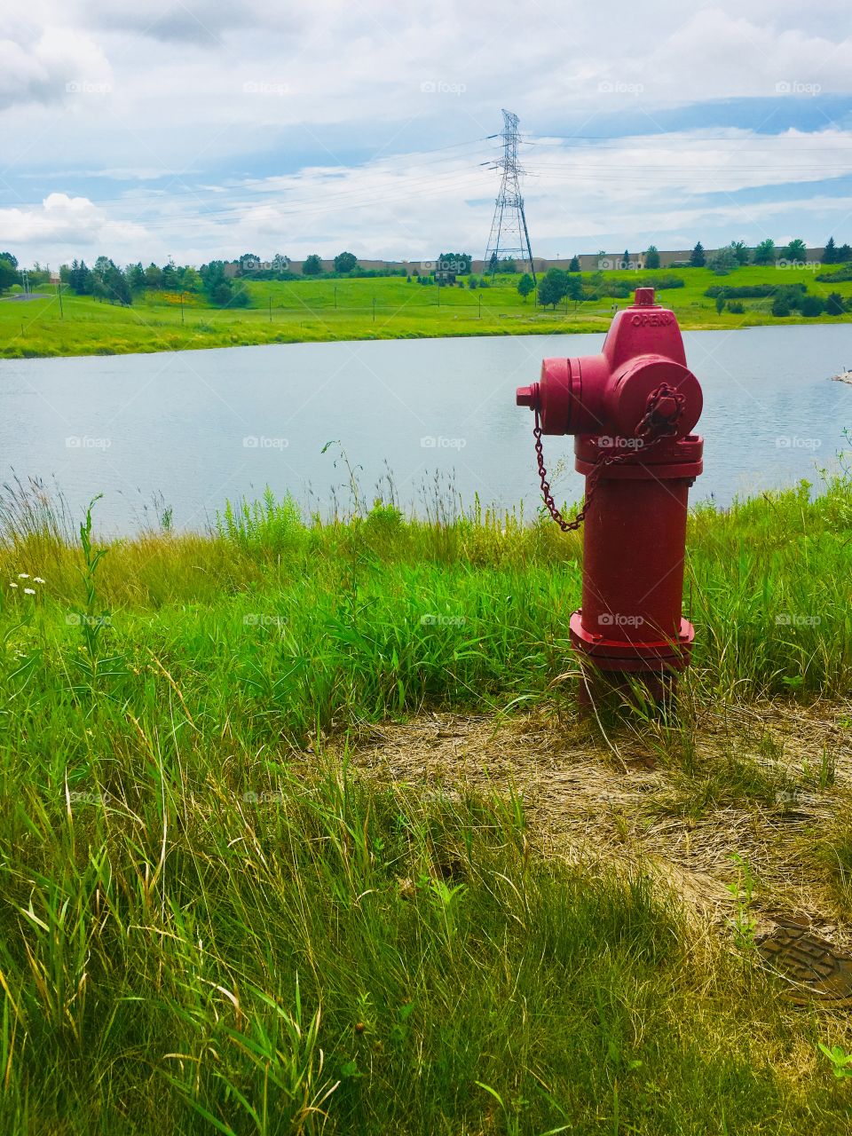 Bright red fire hydrant against green grass and blue pond