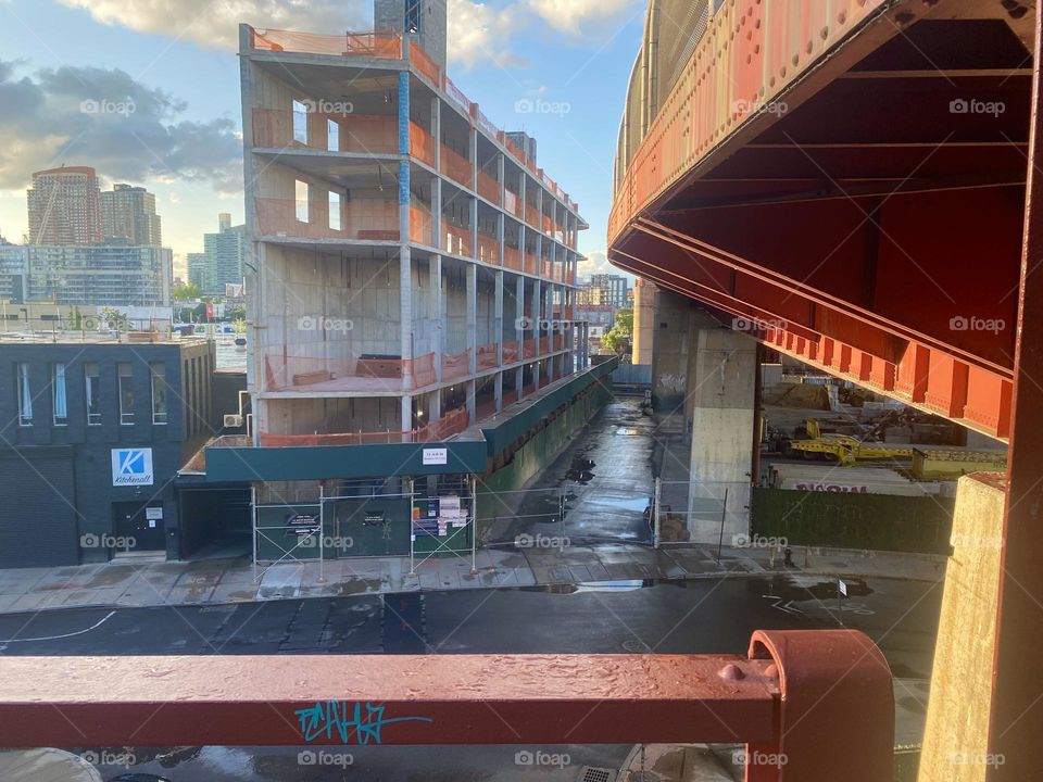 This photo has such a surreal look it could have been an album cover for the 1970s band “Pink Floyd”. It is in fact a detail of the red metal staircase that leads up to the “Pulaski Bridge” on the “Greenpoint”, Bklyn side. 2023. Hypnotic Productions