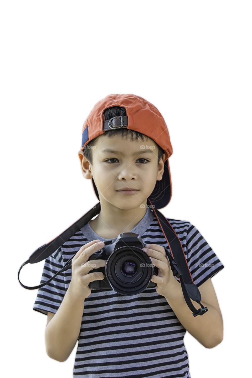 Isolated Hand boy holding the camera Taking pictures on a white background with clipping path.