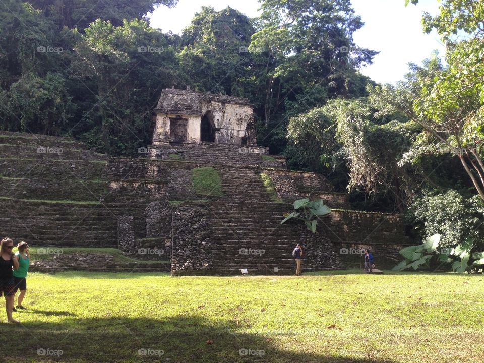 Antique prehispanic stone building from arqueological site “Palenque” in the middle of the jungle. This touristic venue is in Chiapas, Mexico