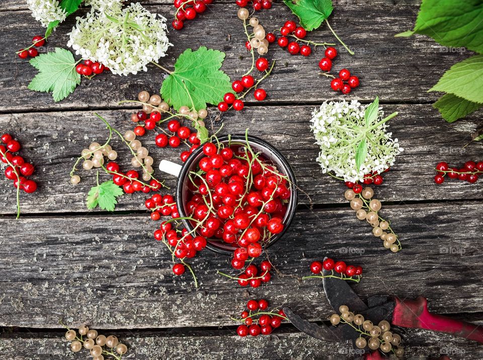 Red currant, flat lay, wood background 
