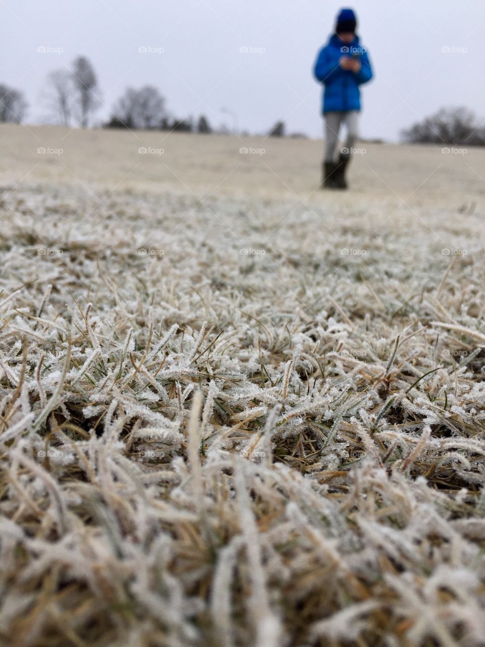 Boy strolling on frosted grass early in the morning