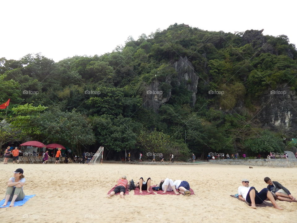Man made beach on halong bay Vietnam 
