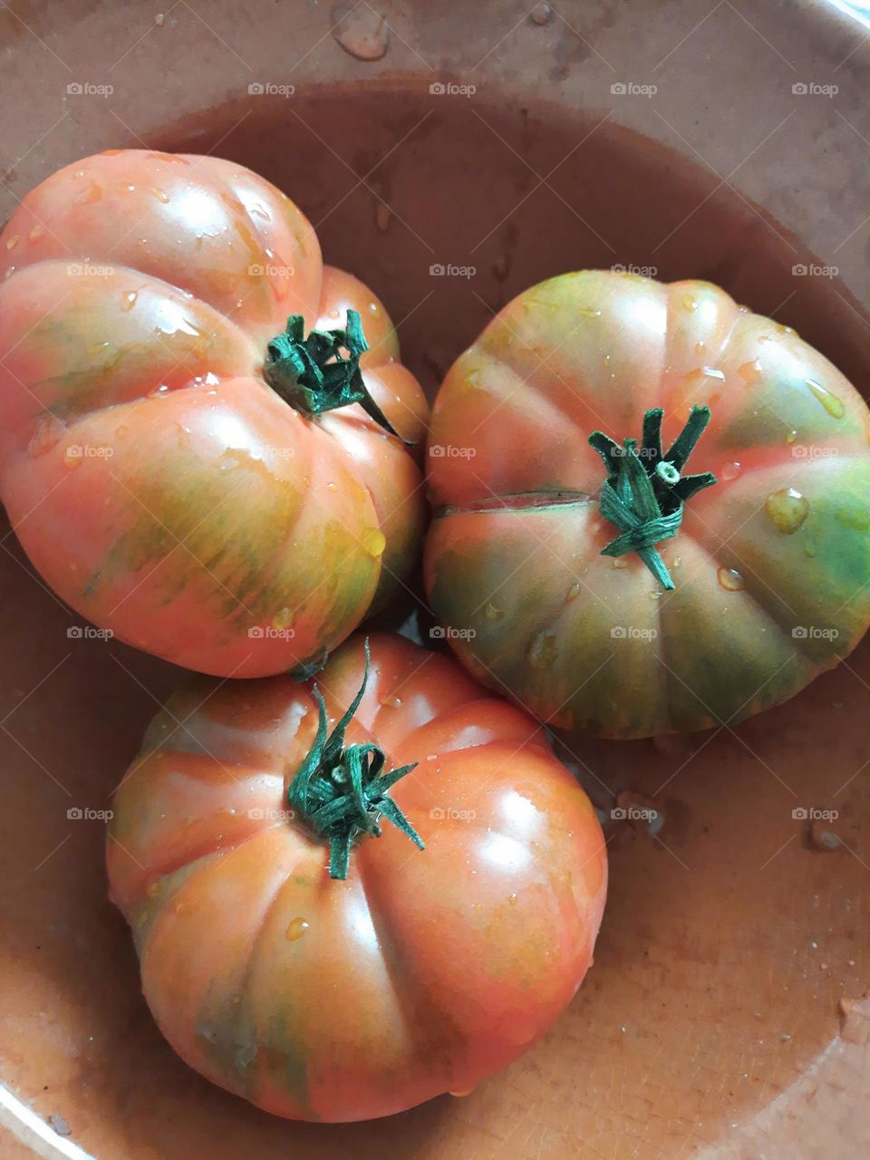 Fresh tomatoes with some drops of water, in a brown clay bowl