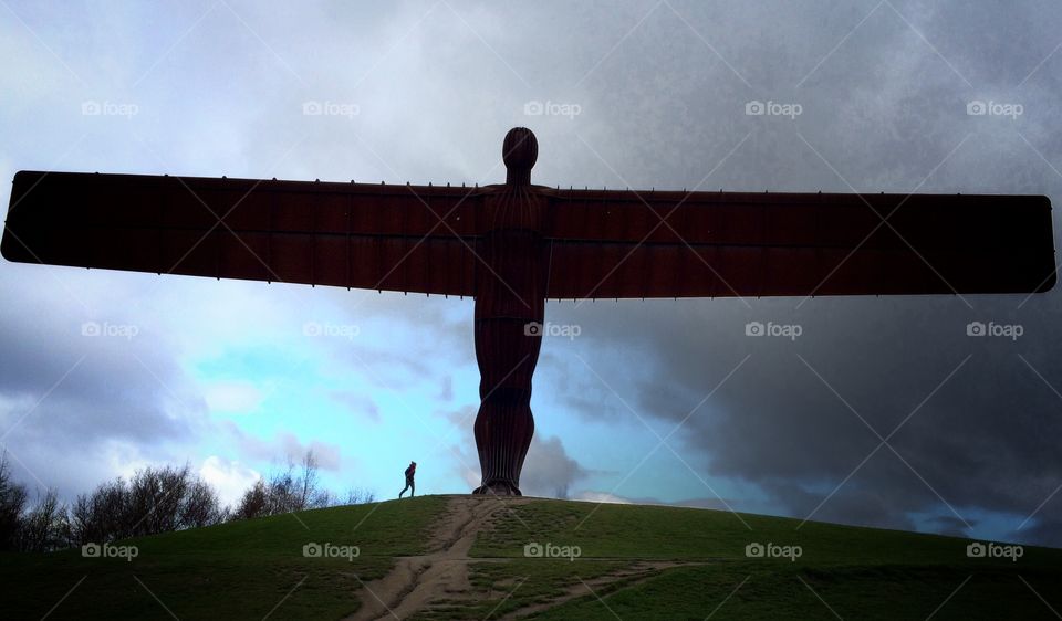 Horizontal photo showing the huge wingspan of “The Angel Of The North”