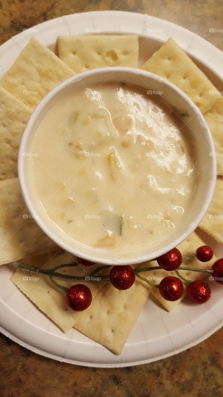 Close-up of clam chowder in bowl