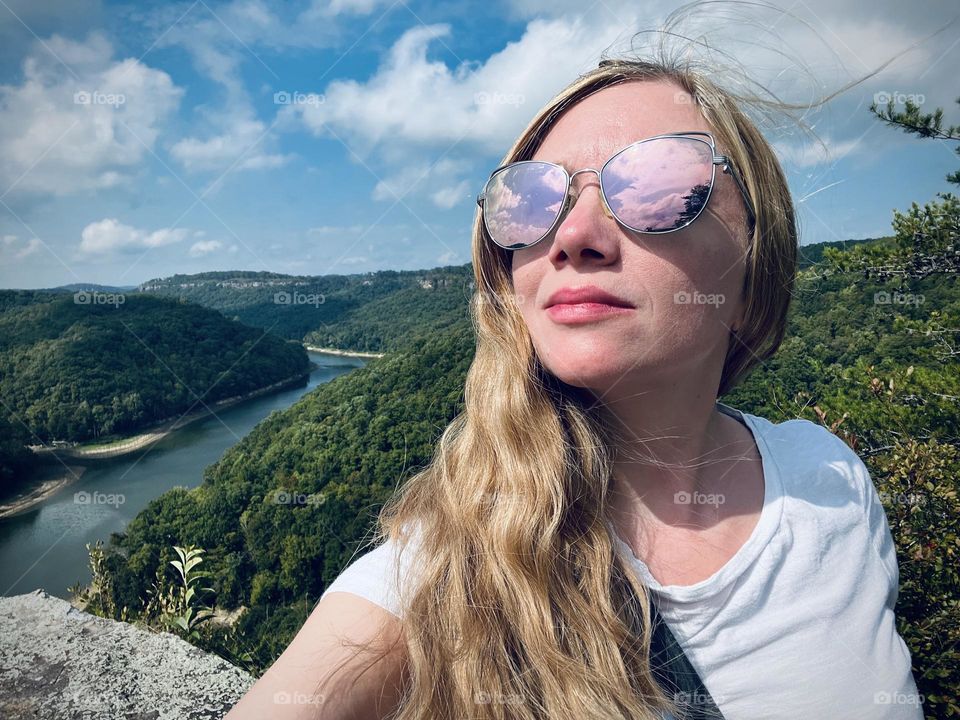 Enjoying the beautiful day out on a stunning overlook of Cumberland River in Kentucky USA