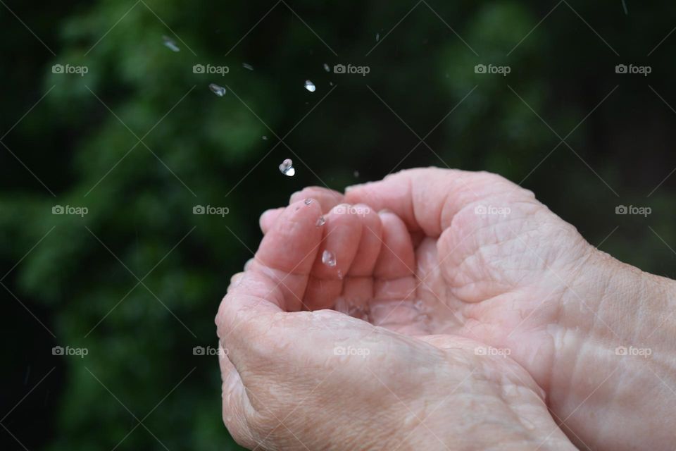 water drops in the hands rainy weather green background