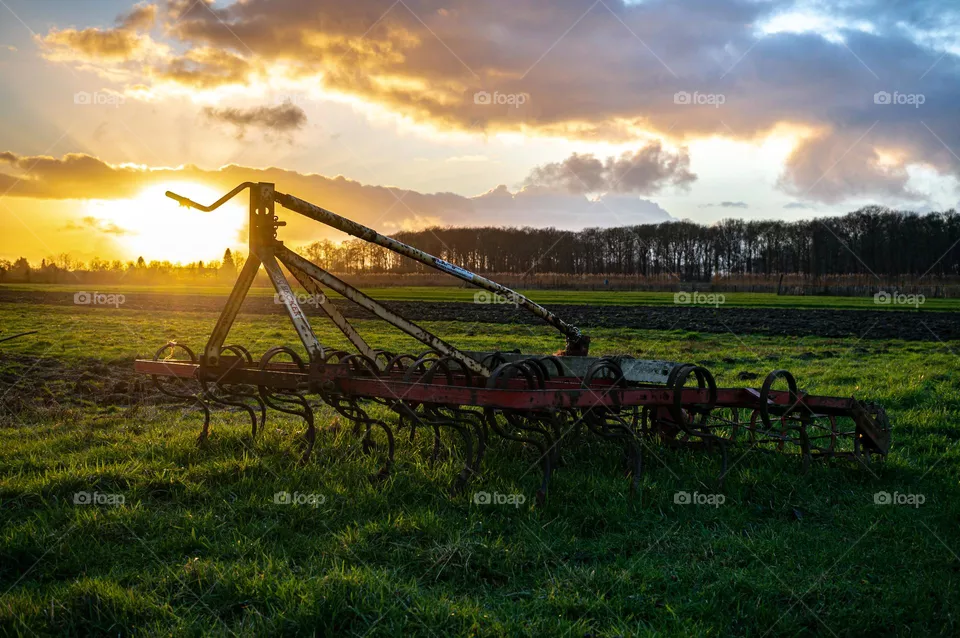 Plow during sunset in the meadow