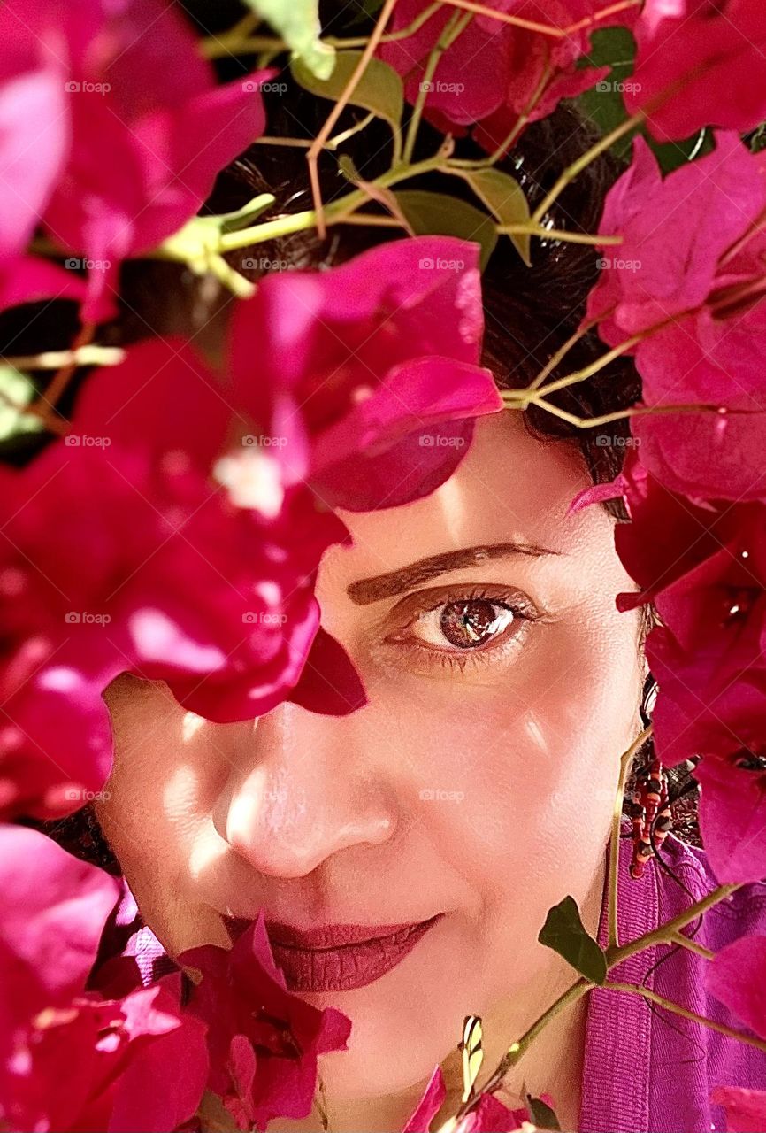 Self Portrait of Woman and Pink Flowers