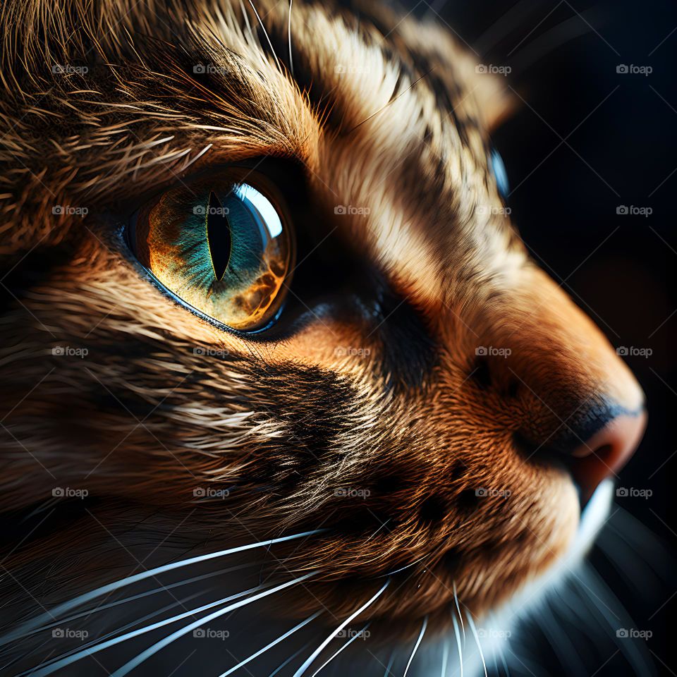 close up of a cat face with round eyes, in the style of vray tracing, photo-realistic techniques
