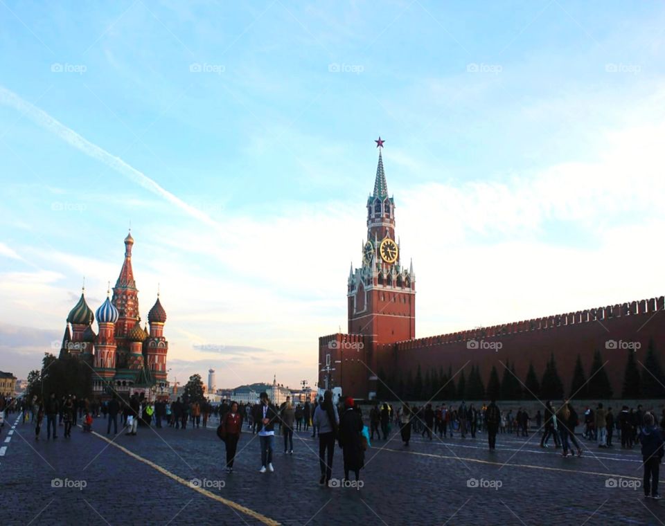 Tower of Kremlin on a sunny early autumn day, Saint Basil's Cathedral, Red Square