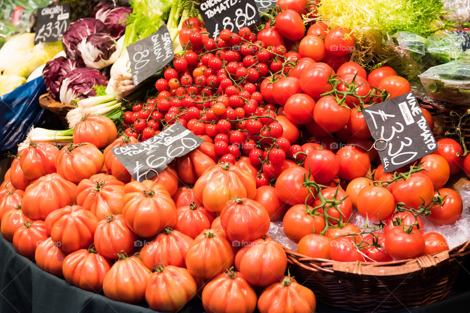 Tomatoes at a fruit stand at Borough Market in London.