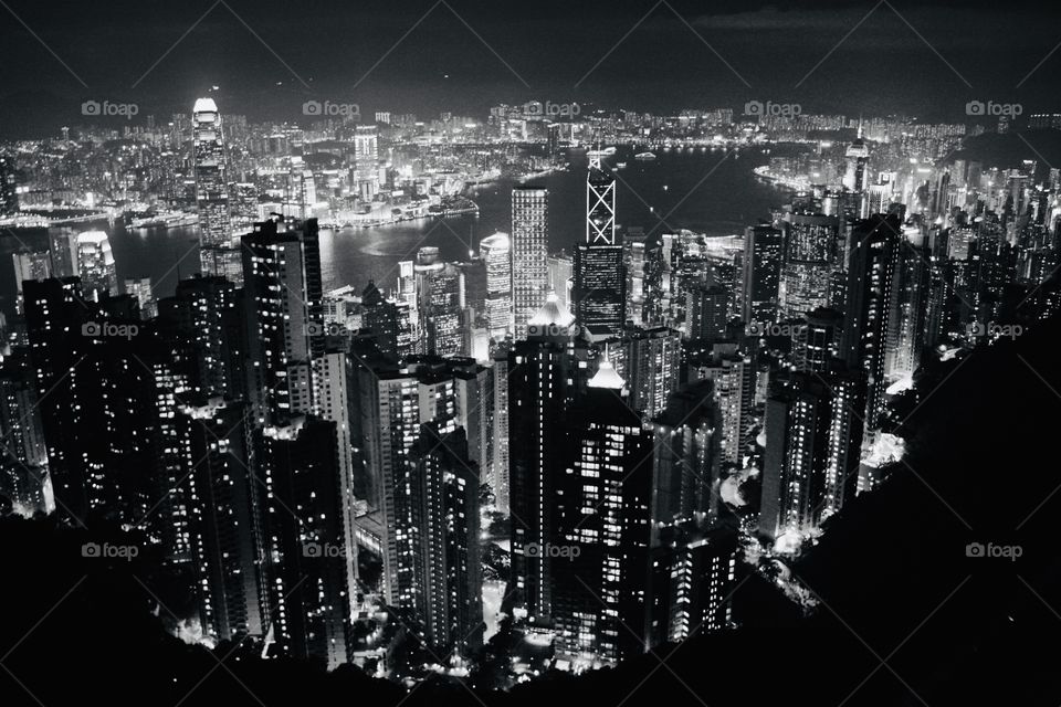 Black and White Photo of Hong Kong Cityscape