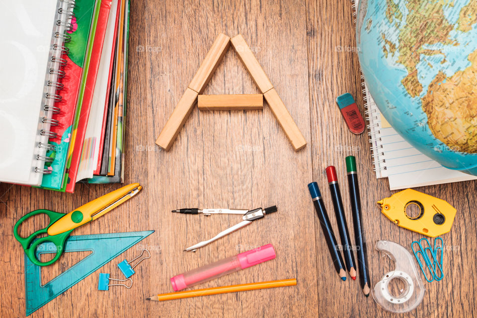 School stationeries on table