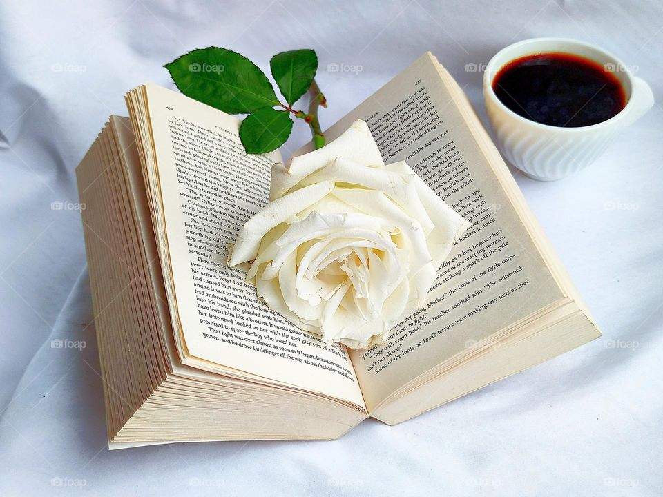 White colour. An open book with white pages lies on a white background. On the pages of the book lies a white rose with a green leaf. In the background is a white cup with dark coffee.