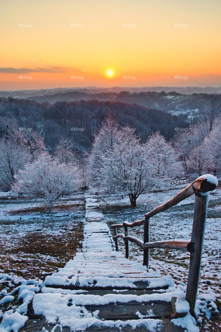 Winter sunset at Zagorski bregi in Croatia, county hrvatsko zagorje