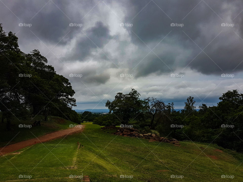 tee box on a golf coarse on a cloudy day