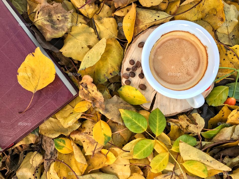 White ceramic cup with black coffee and a book in the middle of fallen yellow leaves, top view