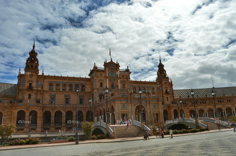 View of Plaza de España. View of the government building at Plaza de España, Seville, Spain.