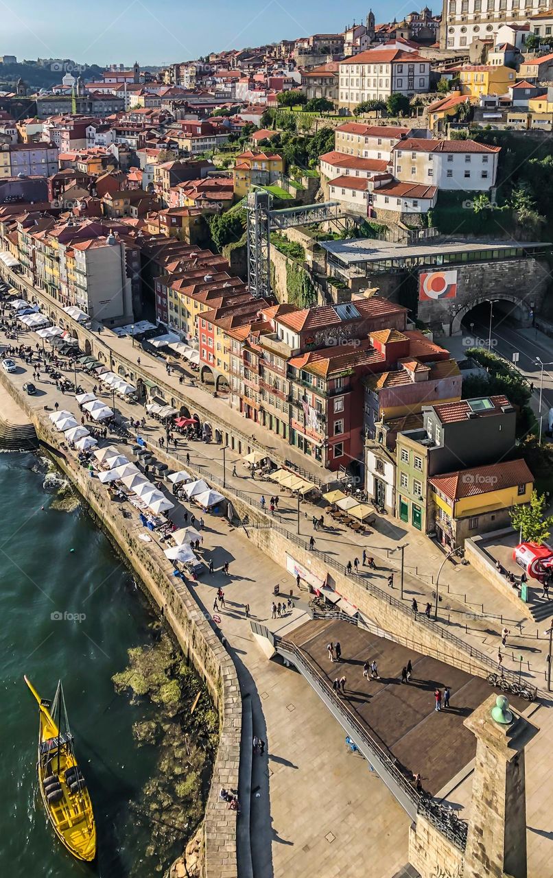 The Portuguese city of Porto viewed from above on a bridge