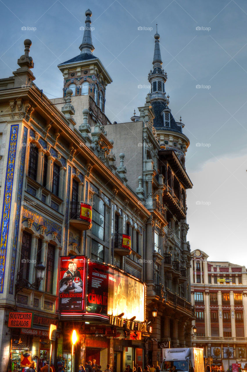 View of Edificio Meneses and Reina Victoria Theatre, Madrid, Spain.