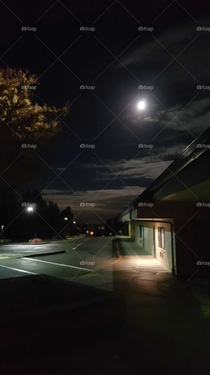 full moon, vacant school, night time, road,