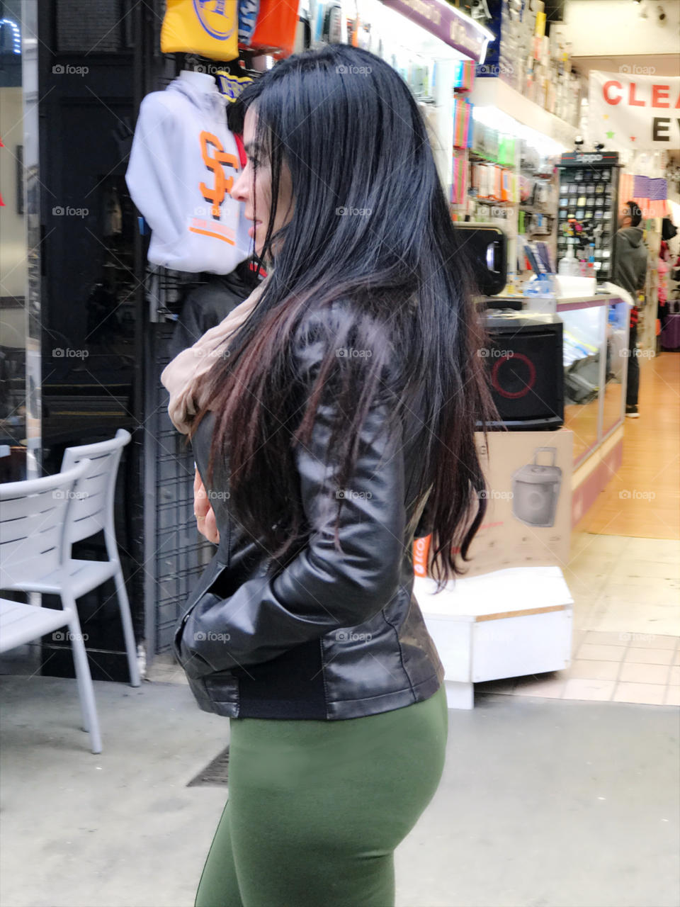 A walk in San Francisco California. Walking, fashion, brunette, long hair, leather jacket, outdoors, spring, autum, winter, travel, posture, focused 