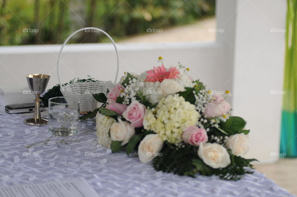 Bouquet for Bride decorated with glasses on table