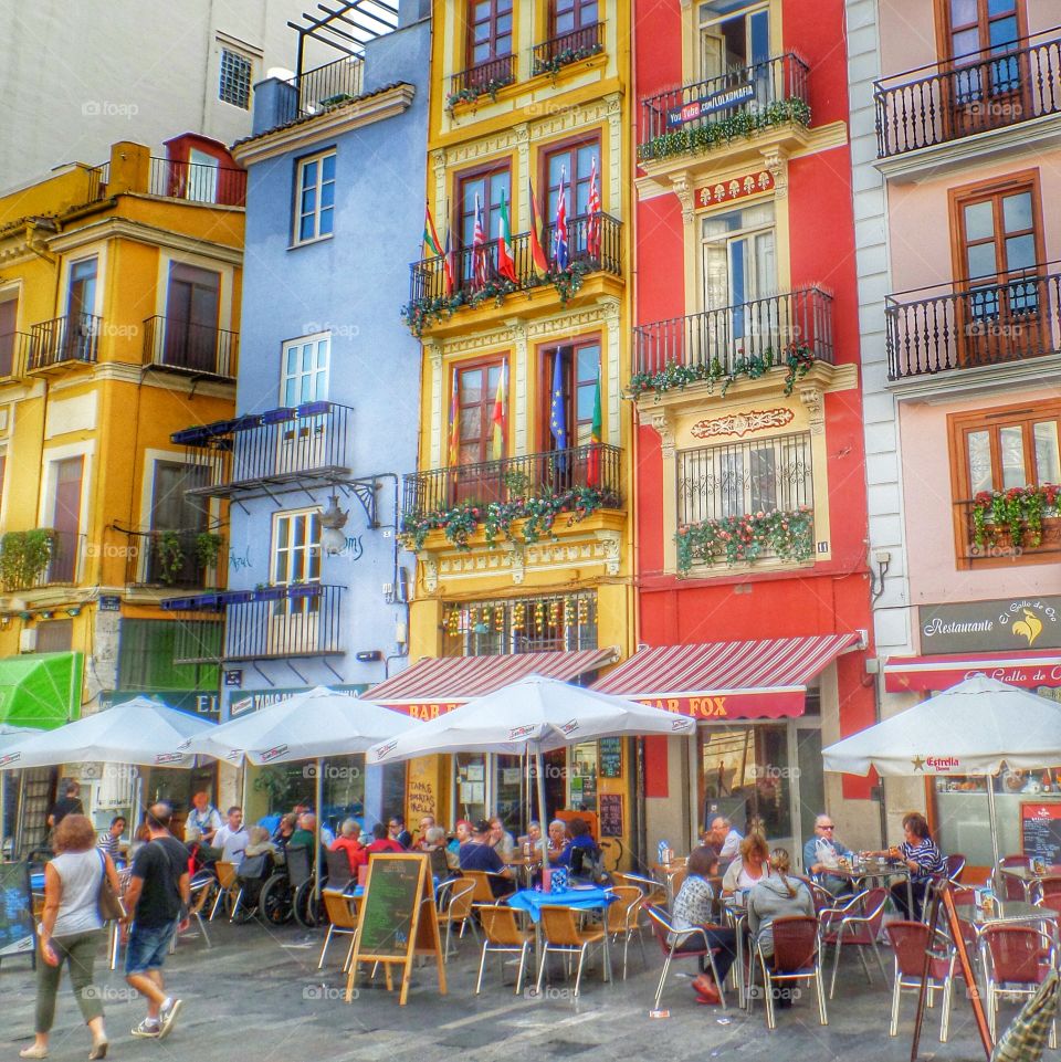 Colourful houses. Market Place, Valencia, Spain