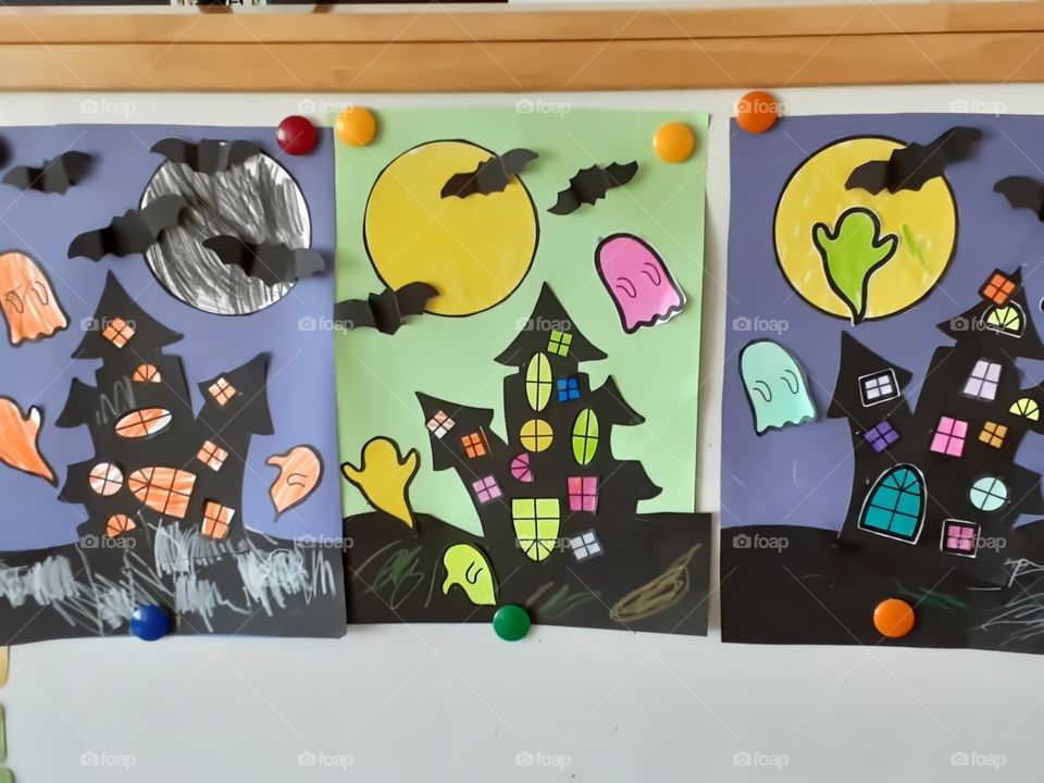 the Halloween night drawn by the children. the night of the Ghost house  on Halloween day.