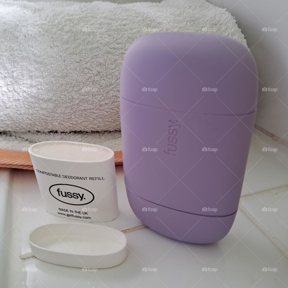 Fussy brand deodrant. eco, vegan.Lilac  roll on stick on bathroom tiles with towel and refill