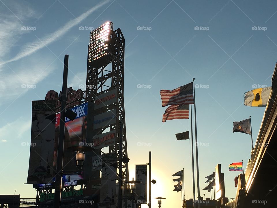 Wind blowing the flags at Citizens Bank Park before a Phillies game